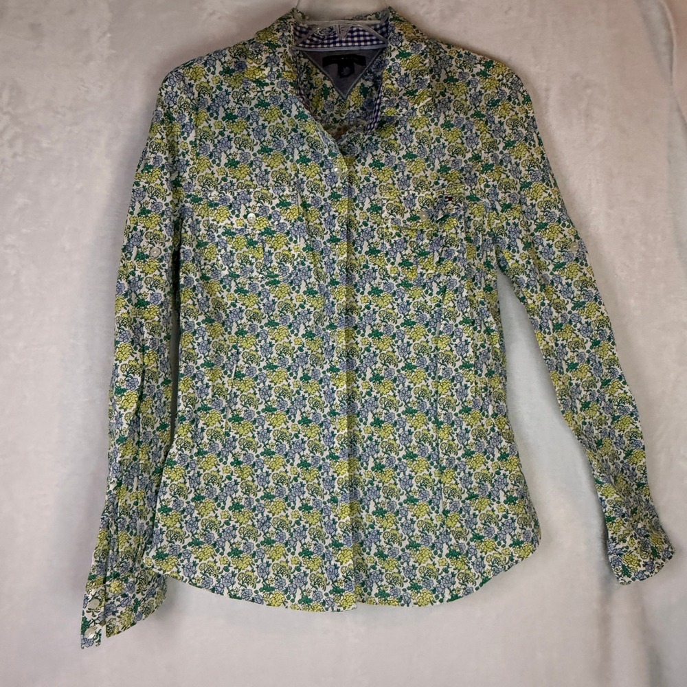 Tommy Hilfiger Floral Button Front Shirt Womens Large Cotton Blue Green Roll Tab